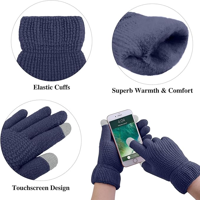 Aneco Womens Winter Warm Sets Knitted Fur Pompoms Beanie Hat Circle Loop Scarf Touch Screen Gloves Winter Favor Accessories