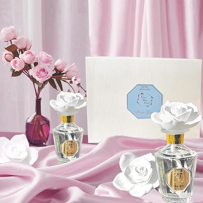 Reed Diffuser Set, Pretty Valley Home Diffuser Rose Petals Gypsum White Flower Oil 100Ml / 3.38fl OZ Gift Box for Bathroom Office Bathroom Living Room Decor (White Lotus)