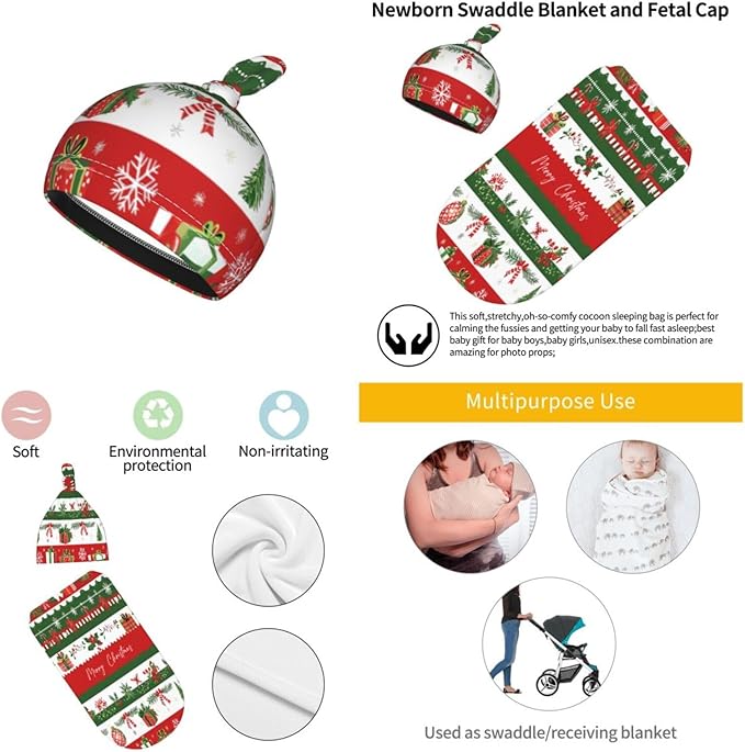 Christmas Baby Swaddle Blanket and Hat Set for Newborn Boys Girls Soft Infant Wrap Sleep 0-6 Months Happy Xmas