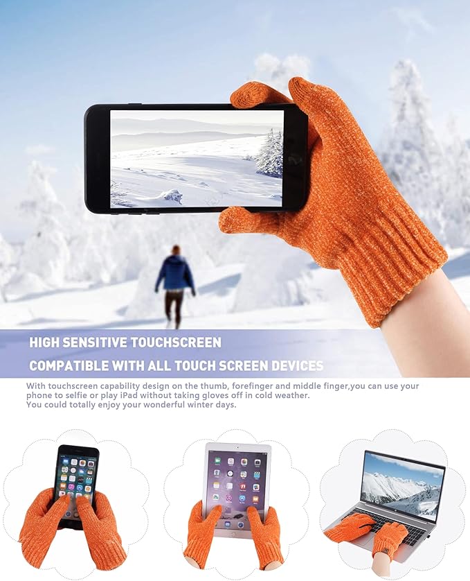 Womens Winter Knit Warm Hat Beanie Long Scarf Touch Screen Gloves Set Skull Caps Neck Scarves for Women