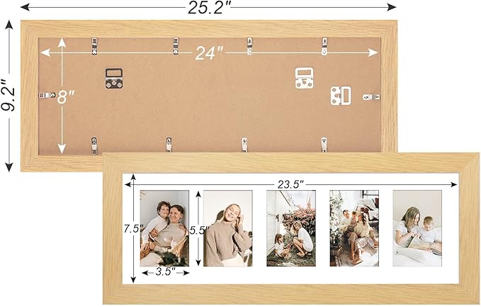 8x24 Picture Frame Display 5 opening 4X6 Picture Frame Collage,Multi Photo Frame with Mat,Plexiglass,Wall Decor,Natural Wood Grain