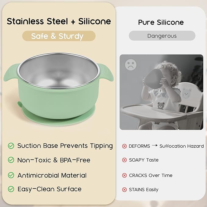 Bella’s Friends Stainless Steel and Silicone Baby Bowls with Suction 3 Pack, 4.3” for Toddlers Kids Feeding, Non-Slip, Non-Toxic, Mess-Free, Dishwasher Safe, Fit High Chair Size,beige green light pink