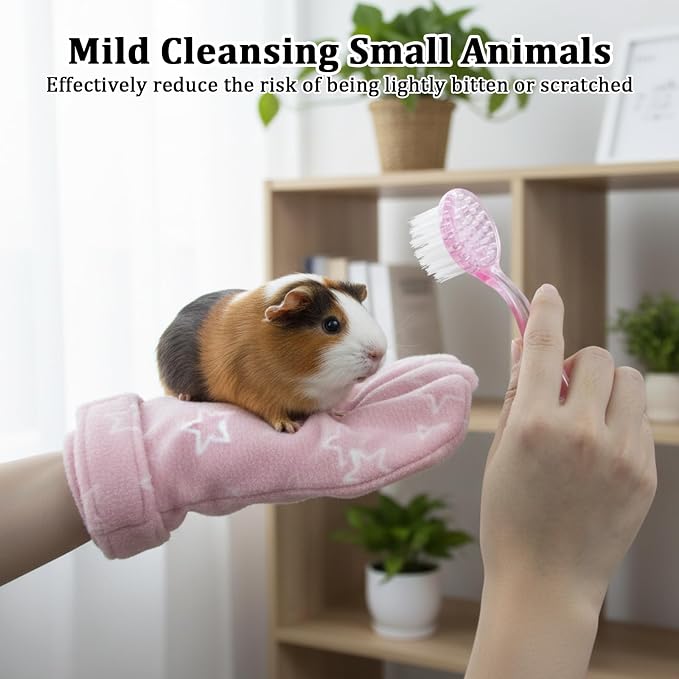 1Pcs Hamster Bite Proof Glove and Grooming Brush Set, Adjustable Hamster Glove, Lid Soft Cleansing Brush Massage Combs, Guinea Pig Brush, Hamster Care Set for Hamsters, Ferrets, Hedgehogs (Pink Stars)