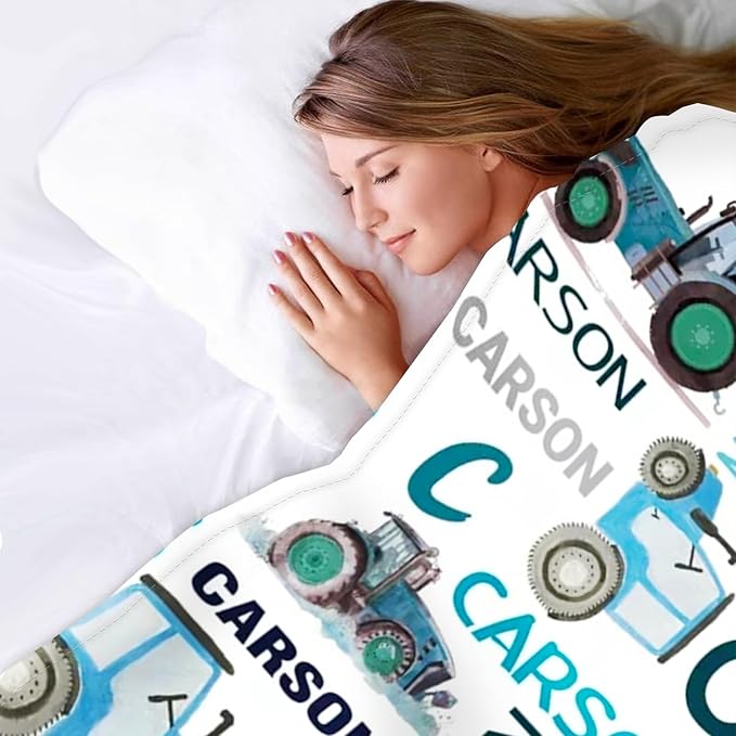 Personalized Tractors Blanket - Custom Name with Farm Tractor Trucks Design - Soft Plush Flannel Bed Blanket for Baby Kid Teen Boys Girls Customized Gifts White & Blue