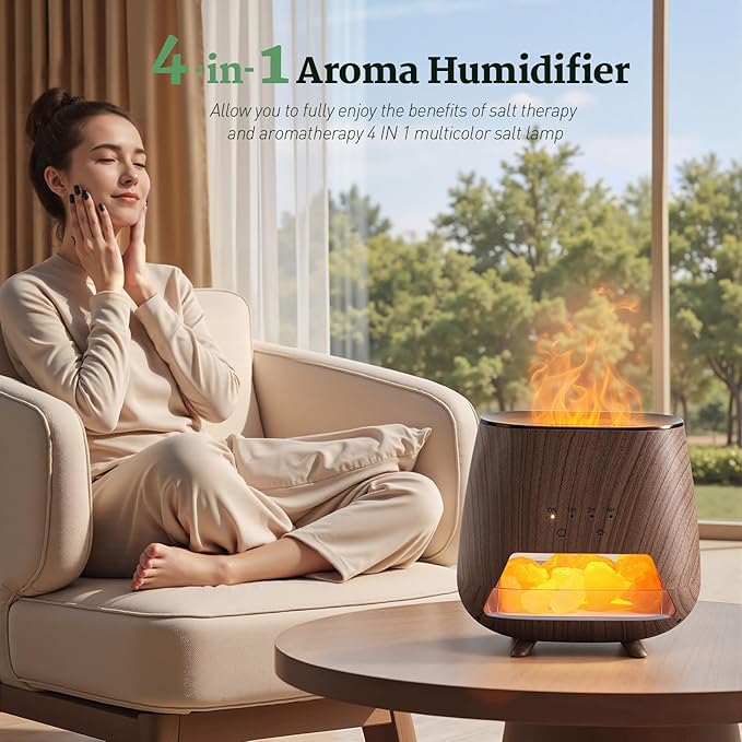 Essential Oil Diffuser for Home: 200ml Wood Grain Aromatherapy Diffuser with Himalayan Pink Salt Rock, Scent Diffusers with Auto Off Function and 9 Colors LED Night Light for Bedroom, Black