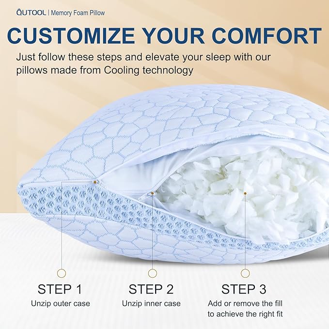 QUTOOL Enhanced Cooling Pillows for Sleeping, CertiPUR-US Shredded Memory Foam Pillows Queen Size Set of 1 for Hot Sleeper, Adjustable Bed Pillow for Side, Back, Stomach Sleepers Support Yet Soft Blue