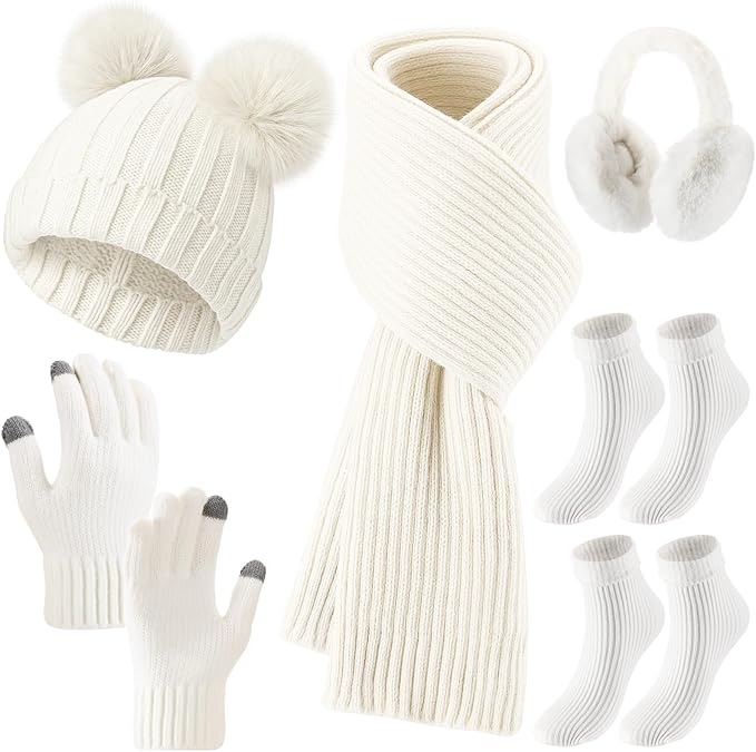 Geyoga 6 Pcs Winter Warm Fleece Knit Hat Long Scarf Touchscreen Gloves Ear Muffs Socks Sets, Winter Warm Gifts for Women