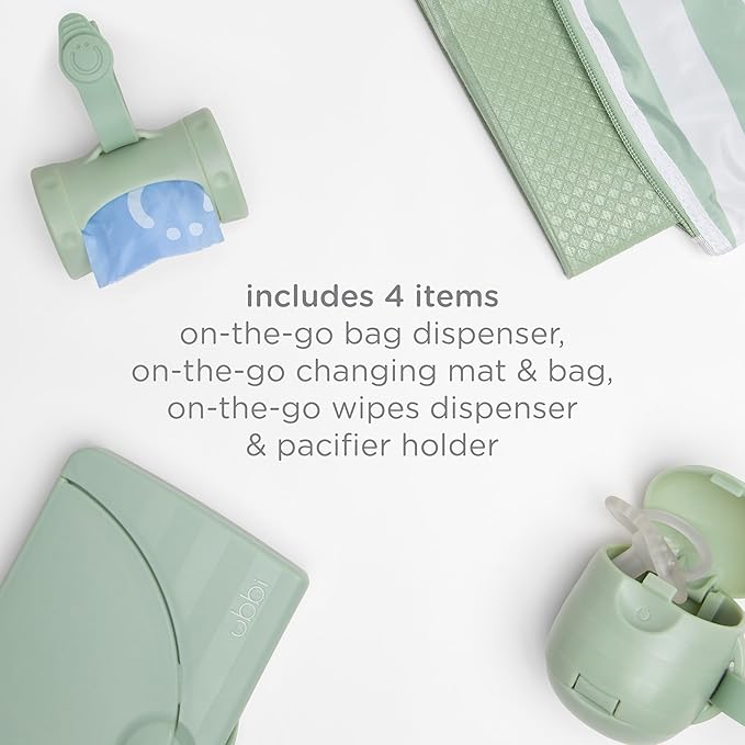 Ubbi On-The-Go Diapering Gift Set, Includes Changing Mat and Bag, Wipes Dispenser, Pacifier Holder and Bag Dispenser, Newborn Essentials, Sage