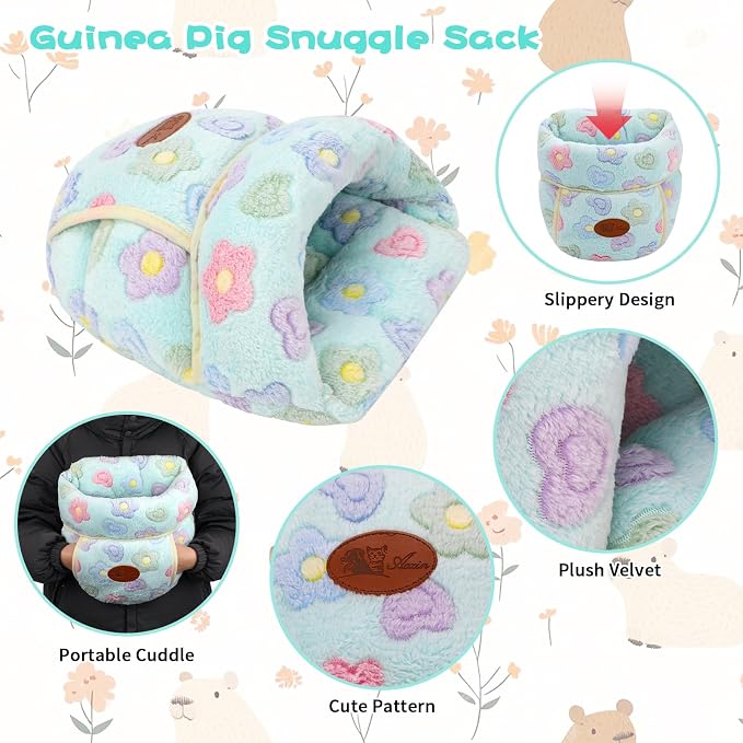 YUEPET Guinea Pig Bed, Warm Fleece Cuddle Cave, Green Flower | Cozy Guinea Pig House, Portable Guinea Pig Hideout, Soft Coral Fleece, Washable Cushion, Slipper Shape