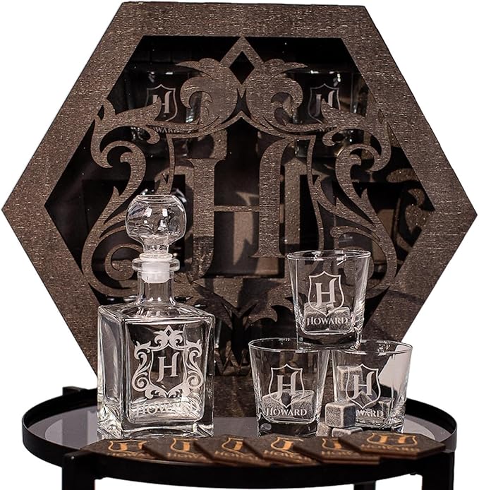 Personalized Whiskey Decanter Set for Men Dad Custom Liquor Decanters Wooden Box Whiskey Glasses Father's Day Gift for Grandpa Birthday Anniversary Christmas