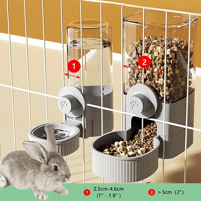 Automatic Rabbit Feeder and Water Dispenser Set,40oz Gravity Food Feeder&17oz Leak-Proof Water Bottle for Guinea Pigs,Hamsters,Chinchillas,Ferrets, Small Animals,Cage Mount Feeding Station Grey