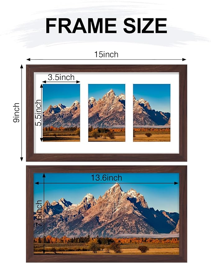 Vittanly 8x14 Picture Frames Collage Wall Decor, Displays 3Pcs 4x6 Pictures with Mat or 1Pcs 8x14 without Mat, Collage Picture Frame for Horizontal or Vertical Display, Brown, 1 Pack