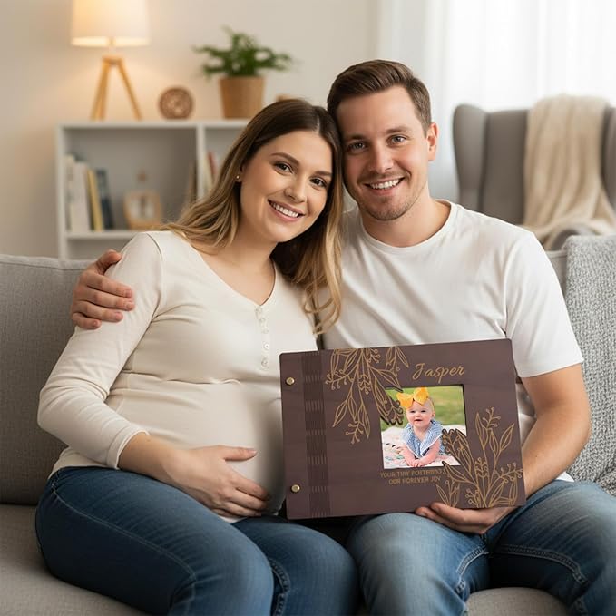 Personalized Baby Photo Album - Wooden Baby Memory Book - Custom Name Baby Scrapbook,Baby Album and Memory Book - Unique Newborn Baby Gift for New Parents