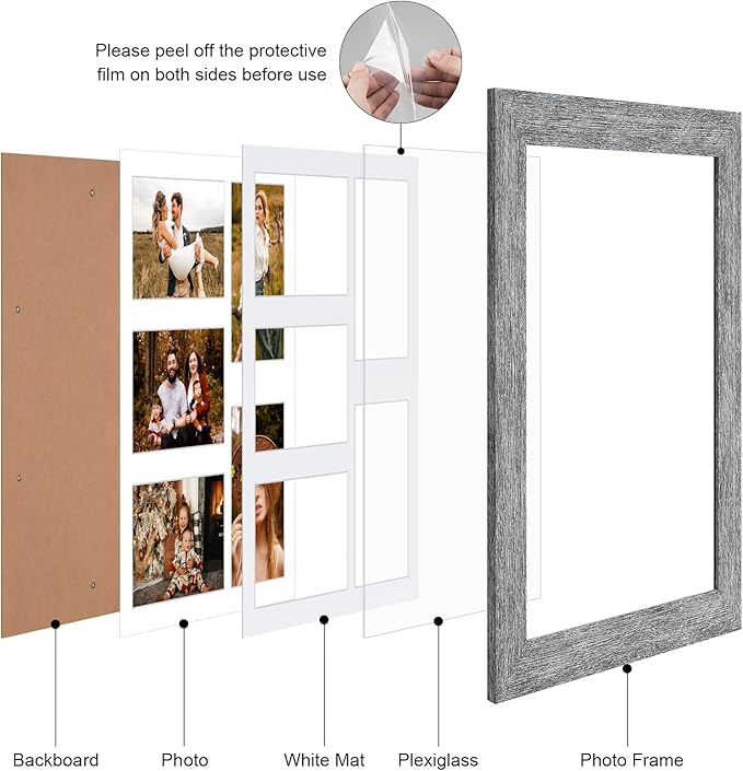 11x14 Picture Frame Display 5 opening 4X6 Picture Frame Collage,Multi Photo Frame with Mat,Plexiglass,Wall or Tabletop Decor,Grey Wood Grain