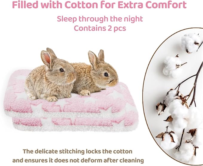 Amakunft 2 Pcs Guinea Pig Bed Mat Washable, Rabbit Winter Bed Pad for Indoor, Warm Small Animal Bed Mattres, Fleece Sleeping Pad for Bunny, Rat, Hedgehog, Sugar Glider, Chinchilla (Pink Star, Large)