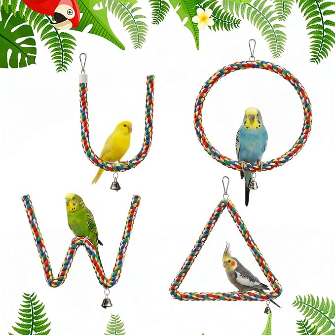 40" Bendable Cotton Bird Rope Perch Swing Set, Colorful Cage Accessories for Parrots Conures Cockatiels Lovebirds Budgerigars Parakeets