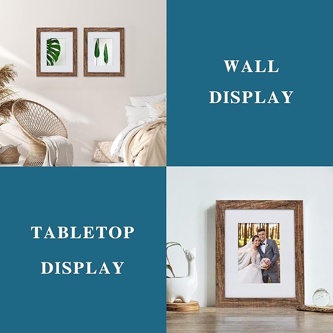 8x10 Picture Frame Set of 4, Made of Real Glass and Rustic Brown Wooden Frame, 8 by 10 Photo for Wall or Tabletop - Display Picture 5x7 with Mat or 8x10 Without Mat