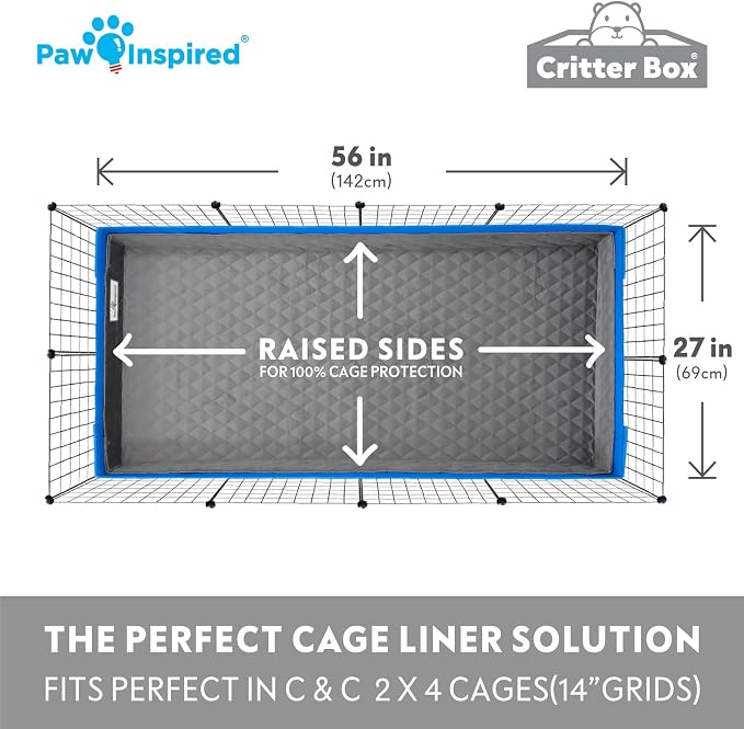 Paw Inspired Critter Box Cage Liner, Raised Sides, C&C 2x4 Size | Washable Fleece Bedding for Guinea Pigs Rabbits, Hamsters, Small Animals, Edge Protected Pee Pads