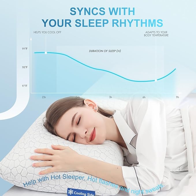 QUTOOL Cooling Pillow for Sleeping, CertiPUR-US Shredded Memory Foam Standard Pillow Set of 1, Cool Pillow for Hot Sleepers Adjustable Firm Pillow for Side,Back,Stomach Sleepers Soft Yet Support,White