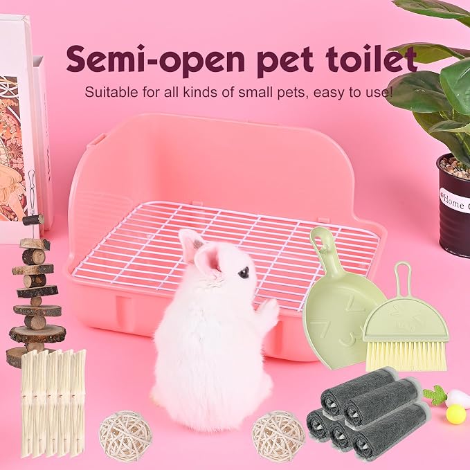 RUBYHOME Rabbit Litter Box Toilet, Plastic Square Cage Box Potty Trainer Corner Litter Bedding Box Pet Pan for Small Animals, Rabbits, Guinea Pigs, Chinchilla, Ferret, Galesaur, 11.4 Inches (Pink)