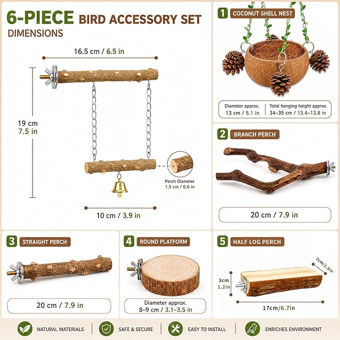 Bird Perch Bird Cage Accessories Parrot Toys Natural Wood 6Pcs Set for Parakeet Cockatiel Conure Lovebird Small Medium Birds