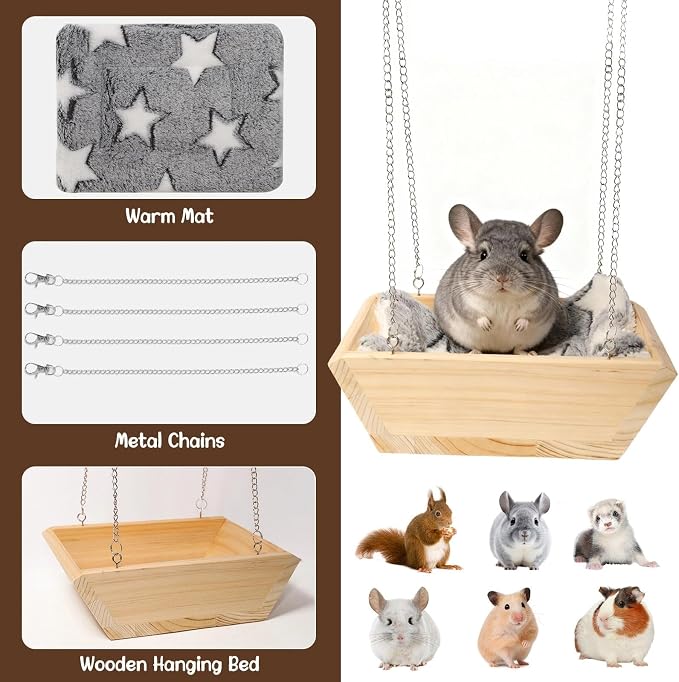Large Wooden Hanging Bed with Plush Mat, Hammock for Chinchilla Rat Guinea | Large hanging wooden bed, Soft plush mat included, Hammock-style design, Small animal cage accessories resting nest