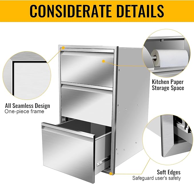 Outdoor Kitchen Drawers Stainless Steel 17W X 30H X 21D Inch, Flush Mount Triple BBQ Island Drawers with Hidden Handle for Outdoor Kitchens, Patio or Grill Station