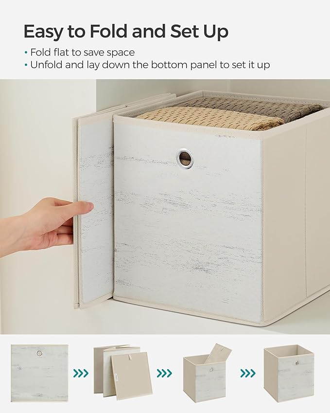 SONGMICS Storage Cubes, Set of 6 Storage Bins with Handles, Foldable Oxford Fabric and Non-Woven Fabric Storage Boxes, 10.2 x 10.2 x 11 Inches, Fit Cube Storage Unit, Vintage White URFB126W01
