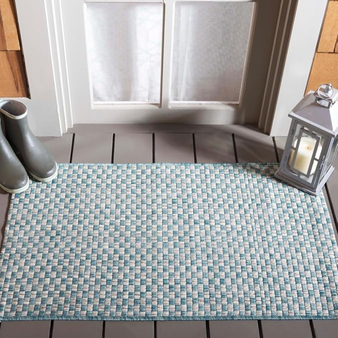 SAFAVIEH Washable Rug Outdoor Courtyard Collection - 2'3" x 5', Light Blue & Light Grey, Non-Shedding & Easy Cleaning, Ideal for Patio, Front Door, Entryway, Mudroom, Doormat (CY8653-37121)