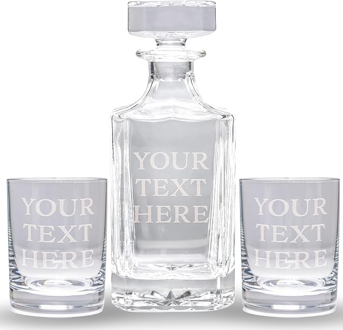 Gifts Inscribed Custom Text Whiskey Decanter & Glasses Set of 2 – Engraved Glass Cups Drinking Glasses Set of 2 – Personalized Whiskey Drinking Set – Customized Whisky Glassware Gift for Him
