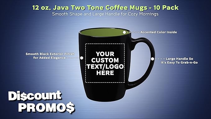 DISCOUNT PROMOS 10 Java Two Tone Coffee Mugs Set, 12 oz. - Customizable Text, Logo - Stoneware, Durable, Easy Grip - BLACKLIME