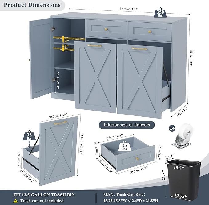 HOSTACK 12.5 Gallon Kitchen Trash Cabinet, 47" Double Trash Can Cabinet, Large Pull Out Can Storage Drawers, Wood Farmhouse Hidden Garbage Storage Buffet for Kitchen, Dining Room, Blue