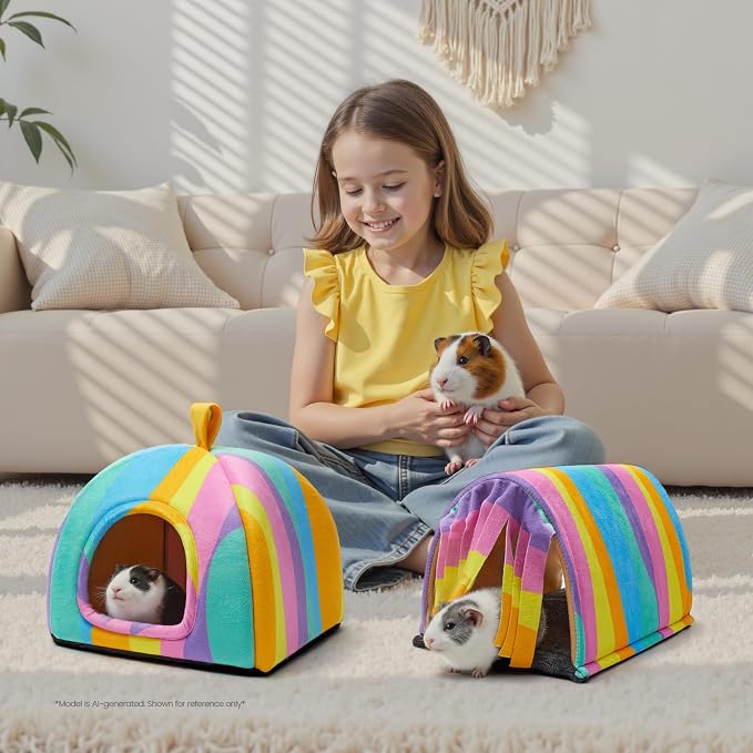 Guinea Pig Hideout Soft Large Bed Tunnel with Door Curtain 2 Pack Guinea Pig Toys Set Bunny Bed Cage Accessories for Small Animals (Rainbow)