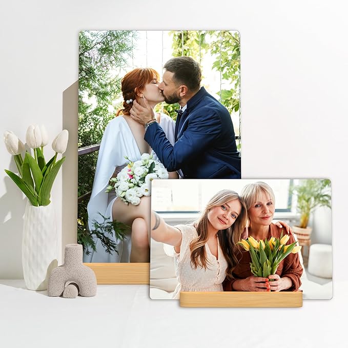 XIAODAXIA Father's Day Gifts Personalized Metal photo prints Customized photo gifts for Dad - Custom Picture Prints with Bamboo base Tabletop Art Home Decor - Gift Wrapping Available