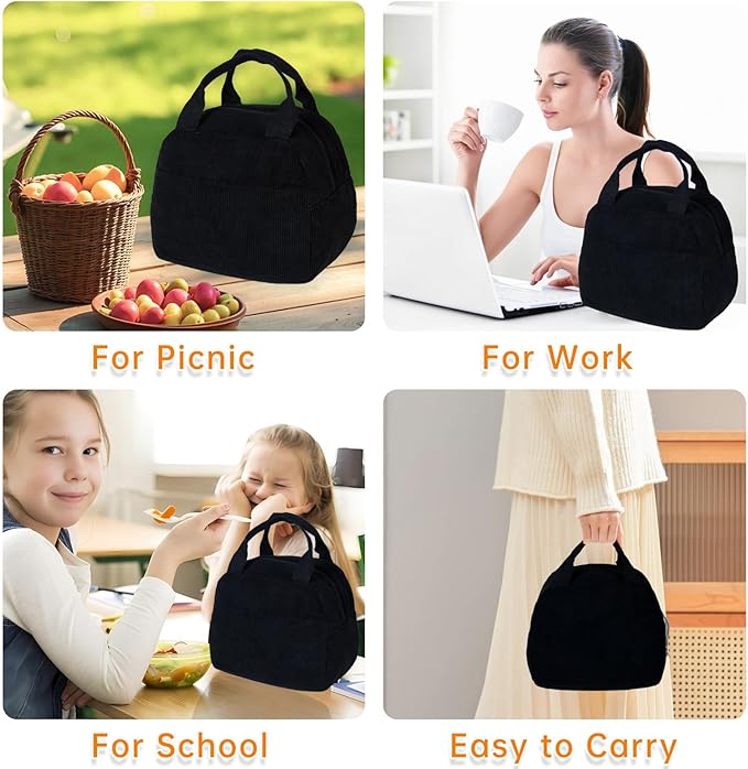 Lunch Bag for Women Men Girl,Large Cute Corduroy Lunch Tote Bags - Reusable Insulated Lunch Box for women with Handle, Leakproof WaterProof Design for Office, School, Work,Picnic.