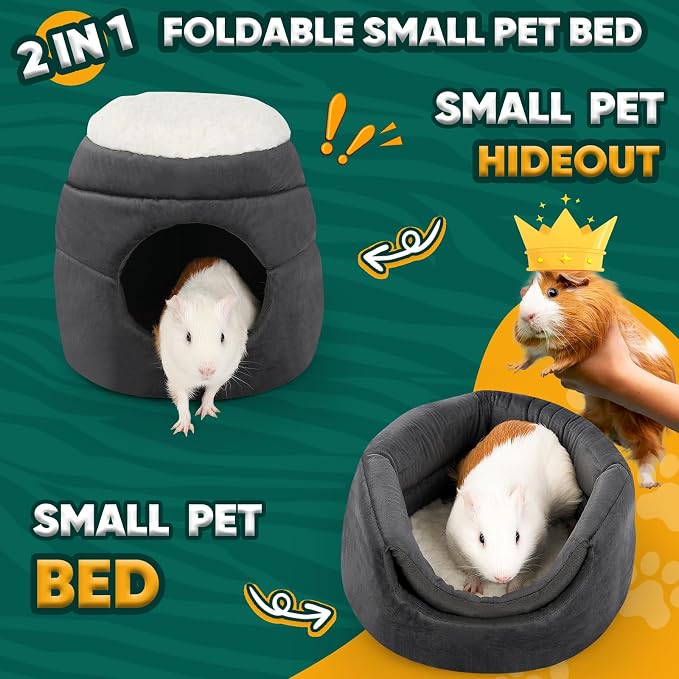 Guinea Pig Hideout - 2 in 1 Foldable Guinea Pig Bed with Pure White Soft Top, Large Entrance for 1 Adult Small Pet, Ideal Bed for Small Pets, Dark Gray