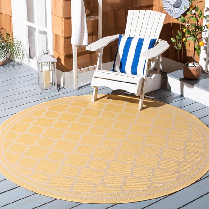 SAFAVIEH Washable Rug Outdoor Courtyard Collection - 6'7" Round, Gold & Beige, Non-Shedding & Easy Cleaning, Ideal for Patio, Backyard, Mudroom (CY6918-30621)