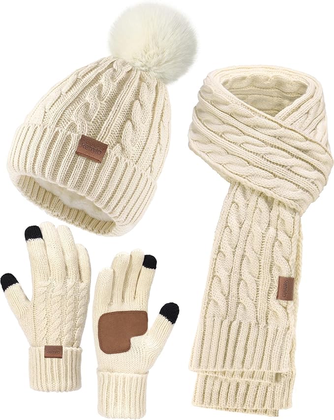 Remifa Winter Hat Scarf Gloves Set for Women, 3 PCS Beanie Hat Touchscreen Glove Long Neck Kint Scarf Valentines Gifts