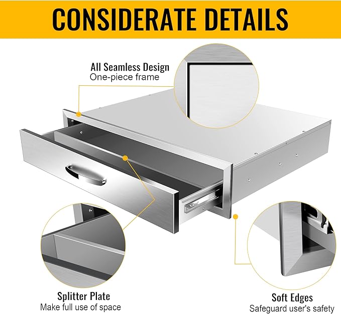 Outdoor Kitchen Drawers Stainless Steel 30W X 6.5H X 23D Inch, Flush Mount Single BBQ Island Drawers with Handle for Outdoor Kitchens, Patio or Grill Station