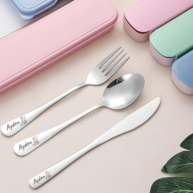 personalized travel Utensils Set with Case, Portable Silverware Set for Work, laser engraving Custom Name and patterns,Stainless Steel Reusable Travel Cutlery Set, Fork and Spoon Set for Camping