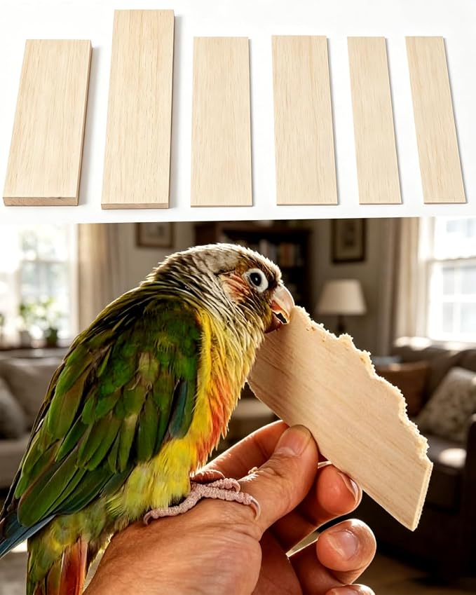 Large Untreated Balsa Wood Bird Chew Toys 6 Pack with Mount Clip, Multi Size Thick Wood Slice Perch Foraging Toy for Parakeets Conures Cockatiels Lovebirds Small Medium Parrots