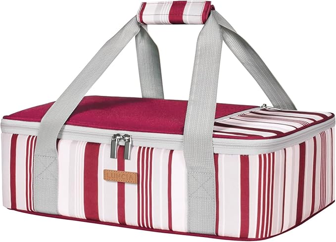 LUNCIA Insulated Single Decker Casserole Carrier, Lasagna Lugger Tote Keeps Food Hot or Cold, Thermal Lunch Bag for Potluck Parties, Picnic and Cookouts, Fits 9" x 13" Baking Dish, Red