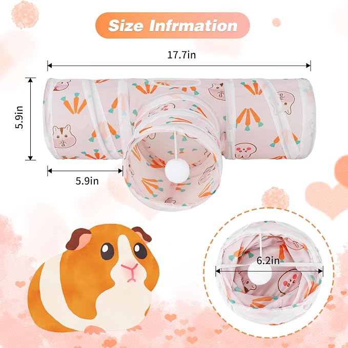Rypet Guinea Pig Tunnel Hideout 3-Way Collapsible Pet Tubes, Carrot White | 3 Way Design for Exploration, Collapsible for Easy Storage, Built-in Play Ball, Hiding & Resting for Hamsters Ferrets