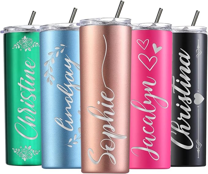 Personalized Skinny Tumbler with Lid and Straw Custom Engraved Insulated Stainless Steel Cup with Name Text Customized Gifts for Women Men Him Her Dad Mom 20oz