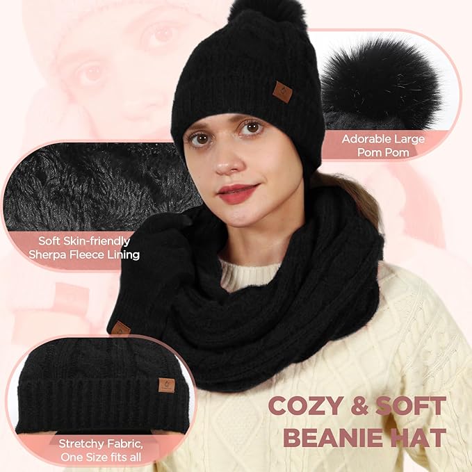 Womens Beanie Hat Infinity Scarf Touchscreen Gloves Fleece Headband 4 in 1 Winter Clothes Set Gifts for Women