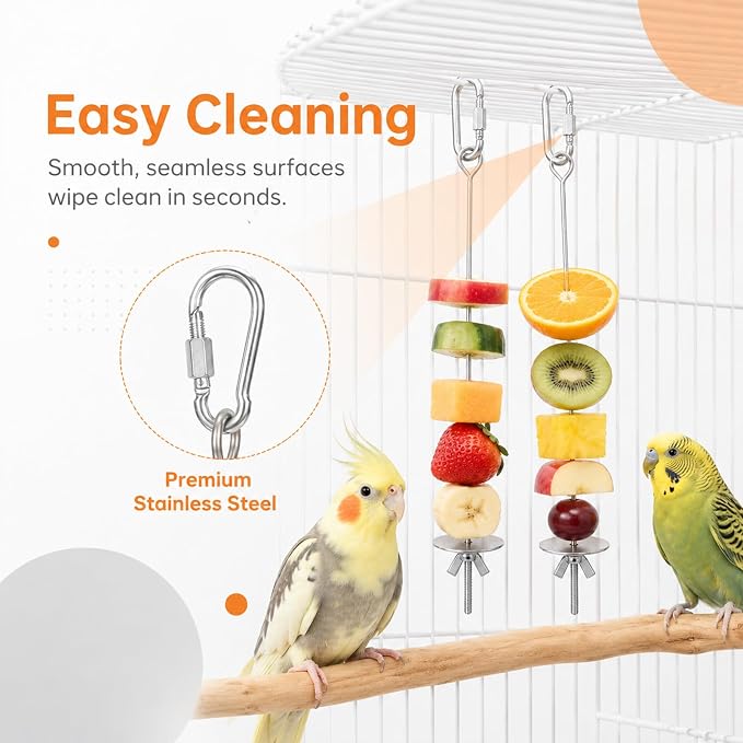2 PCS Bird Cage Holder Bird Foraging Toys Fruit Birds Feeder | Stainless Steel Hanging Vegetable Fruit Feeder Parrot Fruit Vegetable Skewer for Parakeet Budgie Macaw