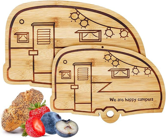 Camper Bamboo Cutting Board Set for RV Kitchen Accessories 2 Pieces, RV Wood Chopping Board Set with Juice Grooves, Hang Hole,for Meat Vegetables & Cheese,Camping Gifts RV Decor Camping Decorations