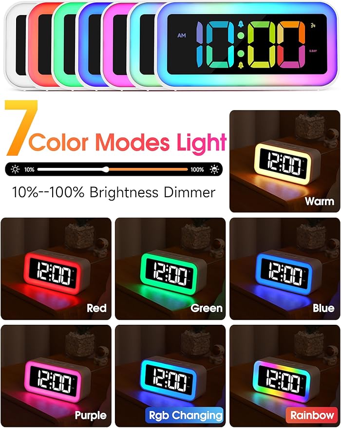 Cadmos Loud Alarm Clock for Bedrooms with Dynamic RGB Night Light,Heavy Sleepers Adults,Dual Alarm,Dimmer,USB Charger,Small Bedside Digital Clock with Led Display for Kids,Teens,Seniors (White)