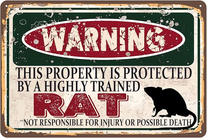 Vintage Rat Metal Sign Wall decor | Warning this property is protected by a highly trained Rat Sign Funny Tin Signs 12x8 Inch