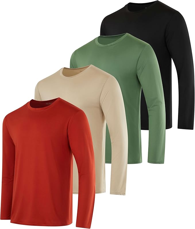 Real Essentials 4 Pack: Mens Long Sleeve Dry Fit T Shirts Hiking Fishing Workout Gym Work Sun UPF 50 Wicking Running Tee